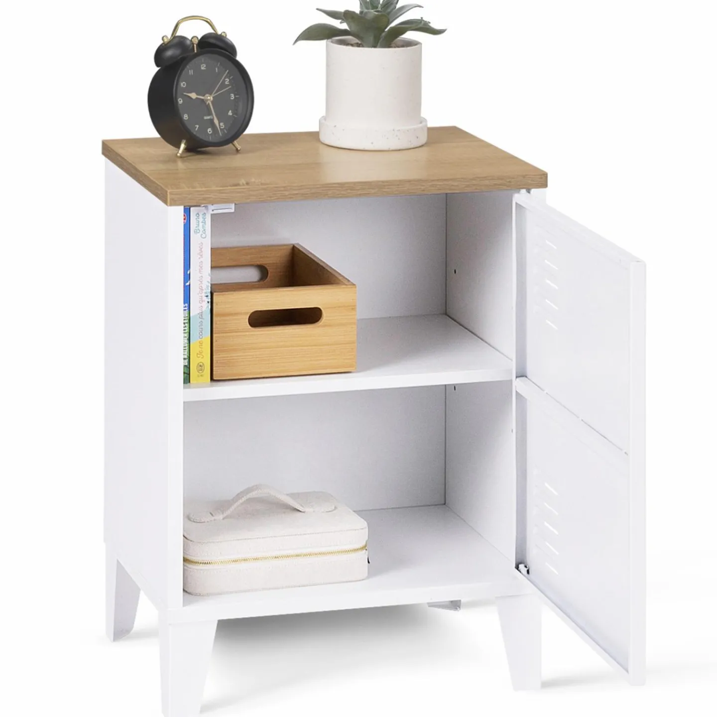 Table de chevet industrielle porte métal et plateau imitation hêtre*IDMarket