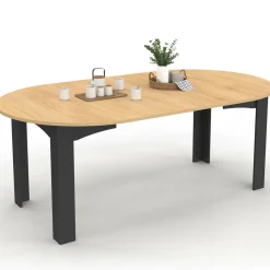 Table ronde extensible 110-200 cm 4-10 personnes plateau façon hêtre pieds noirs*IDMarket Sale