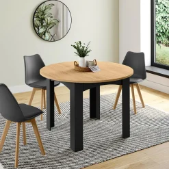 Table ronde extensible 110-200 cm 4-10 personnes plateau façon hêtre pieds noirs*IDMarket Sale