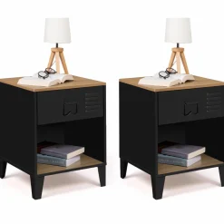 Tables de chevet noires bois façon hêtre et métal style industriel*IDMarket Outlet