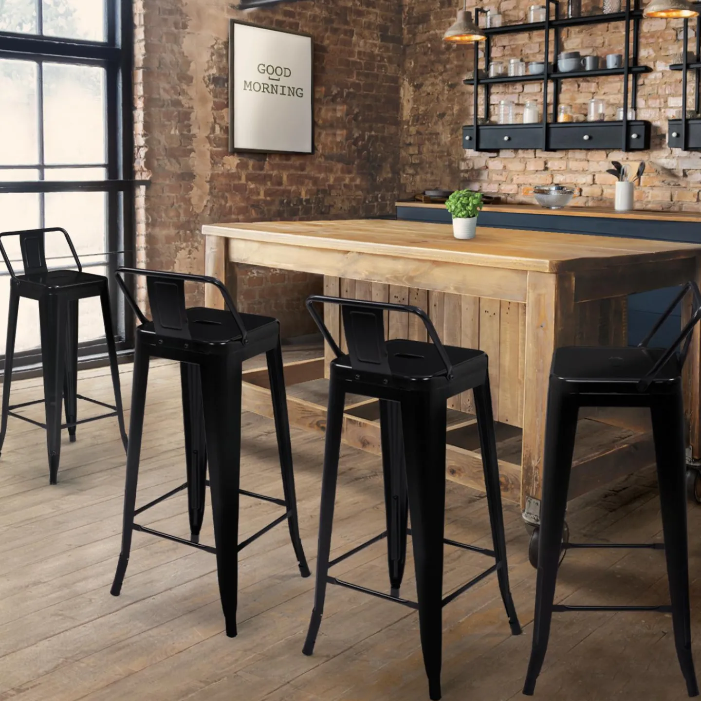 Tabourets de bar métal noir avec dossier*IDMarket Discount
