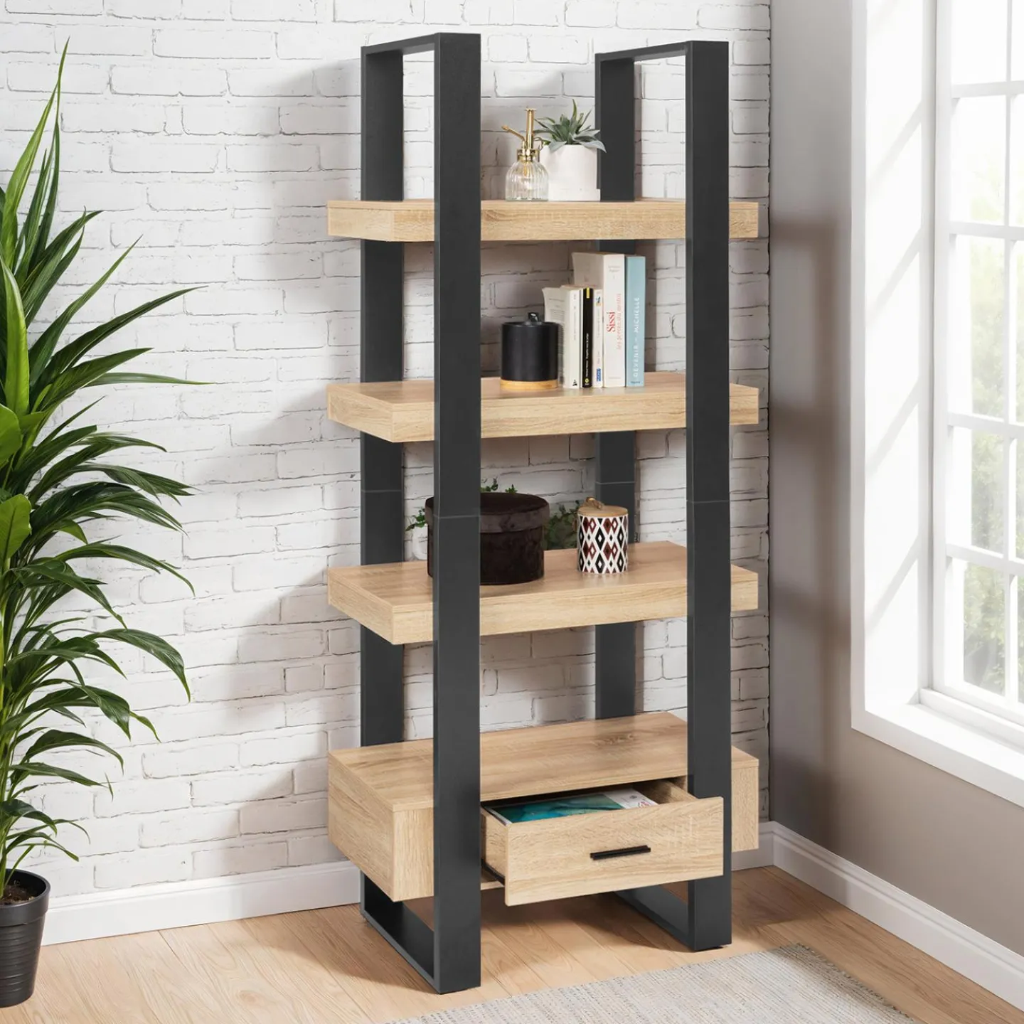 Étagère 4 niveaux industrielle bois et noir avec tiroir*IDMarket Online