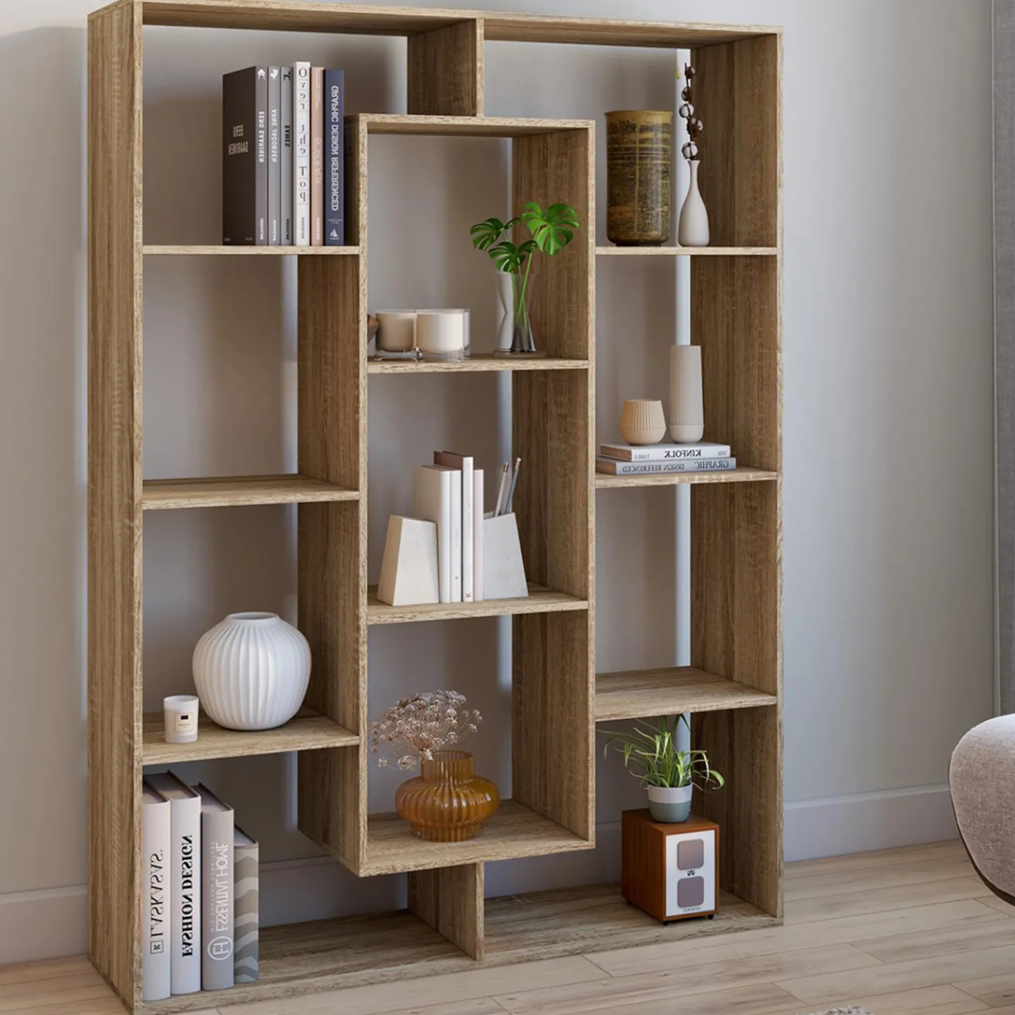 Étagère bibliothèque avec 11 compartiments effet bois*IDMarket