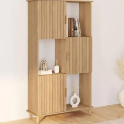 Étagère bibliothèque bois coloris chêne lattes tasseau avec 6 compartiments*IDMarket Best