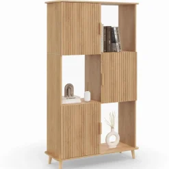 Étagère bibliothèque bois coloris chêne lattes tasseau avec 6 compartiments*IDMarket Best