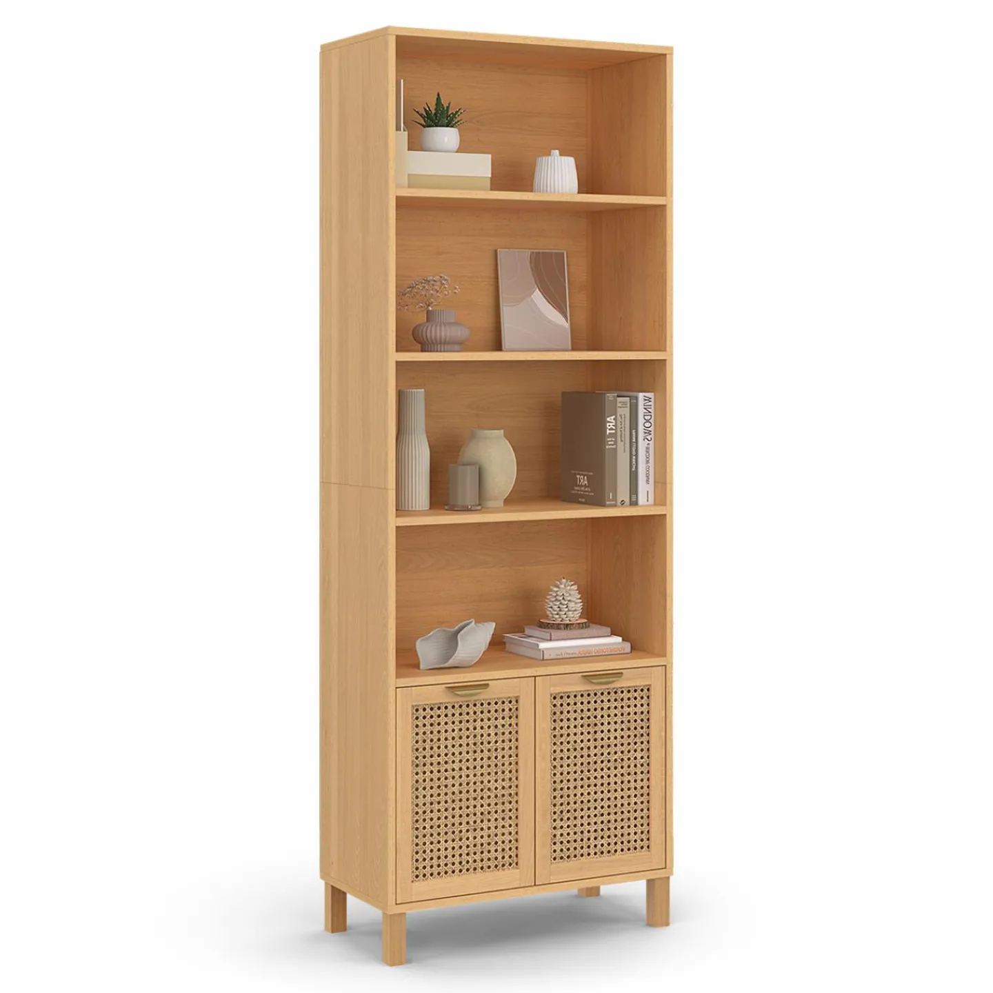 Étagère bibliothèque cannage et bois 4 niveaux avec placard*IDMarket