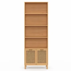 Étagère bibliothèque cannage et bois 4 niveaux avec placard*IDMarket