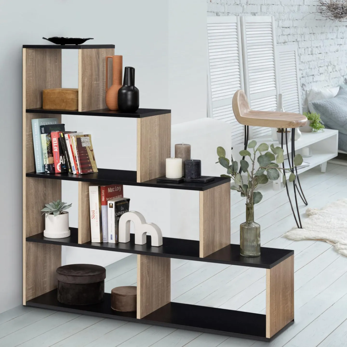 Étagère bibliothèque forme escalier bois imitation hêtre et noir*IDMarket