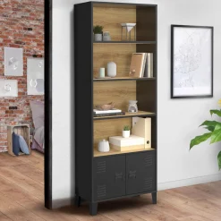 Étagère bibliothèque industrielle bois et noir 4 niveaux avec placard portes métalliques*IDMarket Sale