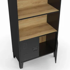 Étagère bibliothèque industrielle bois et noir 4 niveaux avec placard portes métalliques*IDMarket Sale