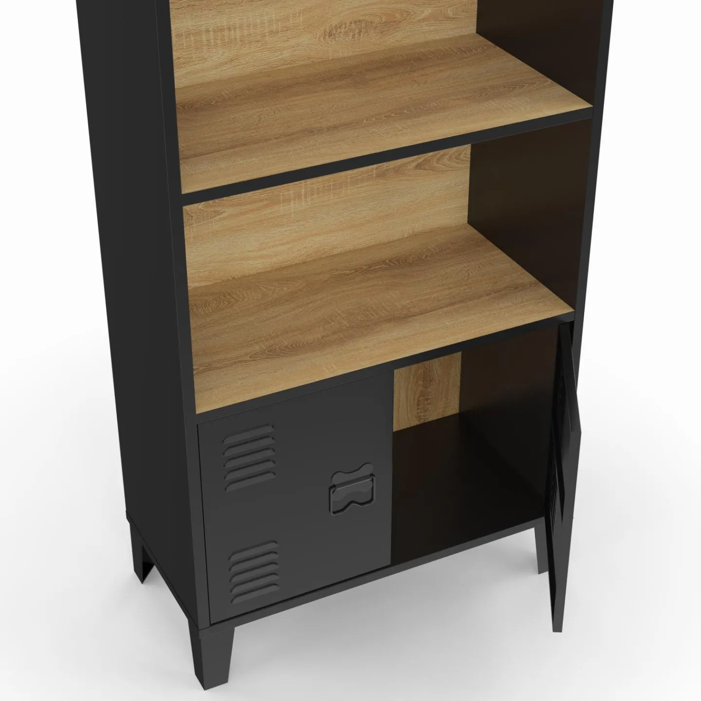 Étagère bibliothèque industrielle bois et noir 4 niveaux avec placard portes métalliques*IDMarket Sale