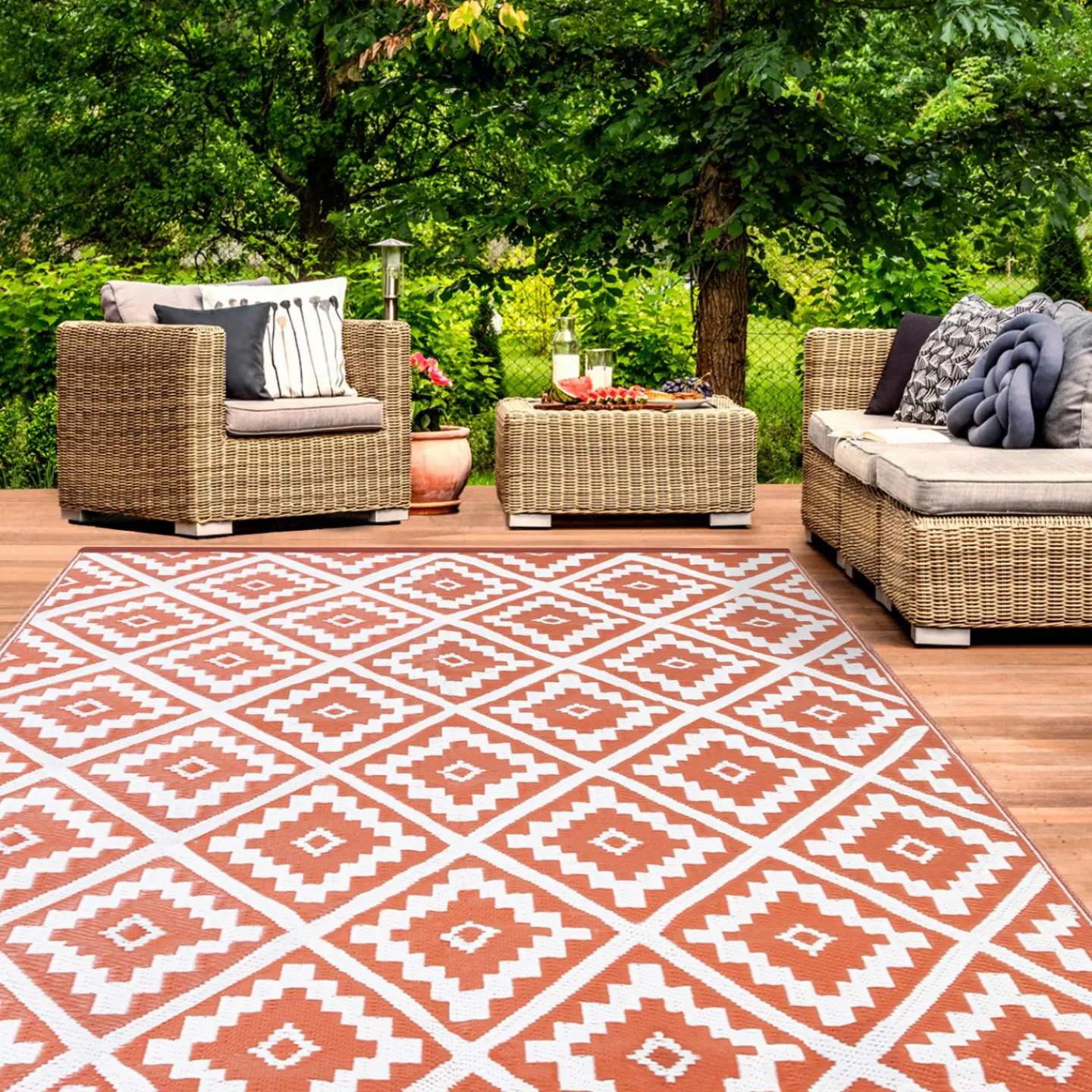 Tapis extérieur terracotta et blanc motifs géométriques 120 x 180 cm*IDMarket Online