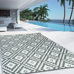 Tapis extérieur terrasse motifs géométriques gris et blanc*IDMarket Online