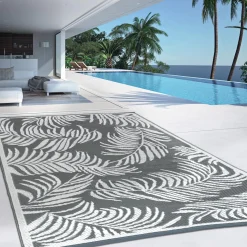 Tapis extérieur terrasse motif tropical gris et blanc 160 x 260 cm*IDMarket Online