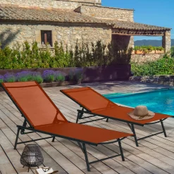 Transats de jardin acier gris anthracite et toile terracotta - lot de 2*IDMarket Sale