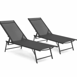 Transats de jardin acier gris anthracite et toile grise - lot de 2*IDMarket Discount