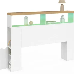 Tête de lit sur pied à LED avec plateau bois 145 cm rangements et niches blanches*IDMarket Online