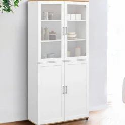 Vaisselier buffet haut 176 cm avec 4 portes et étagères blanc et bois*IDMarket New