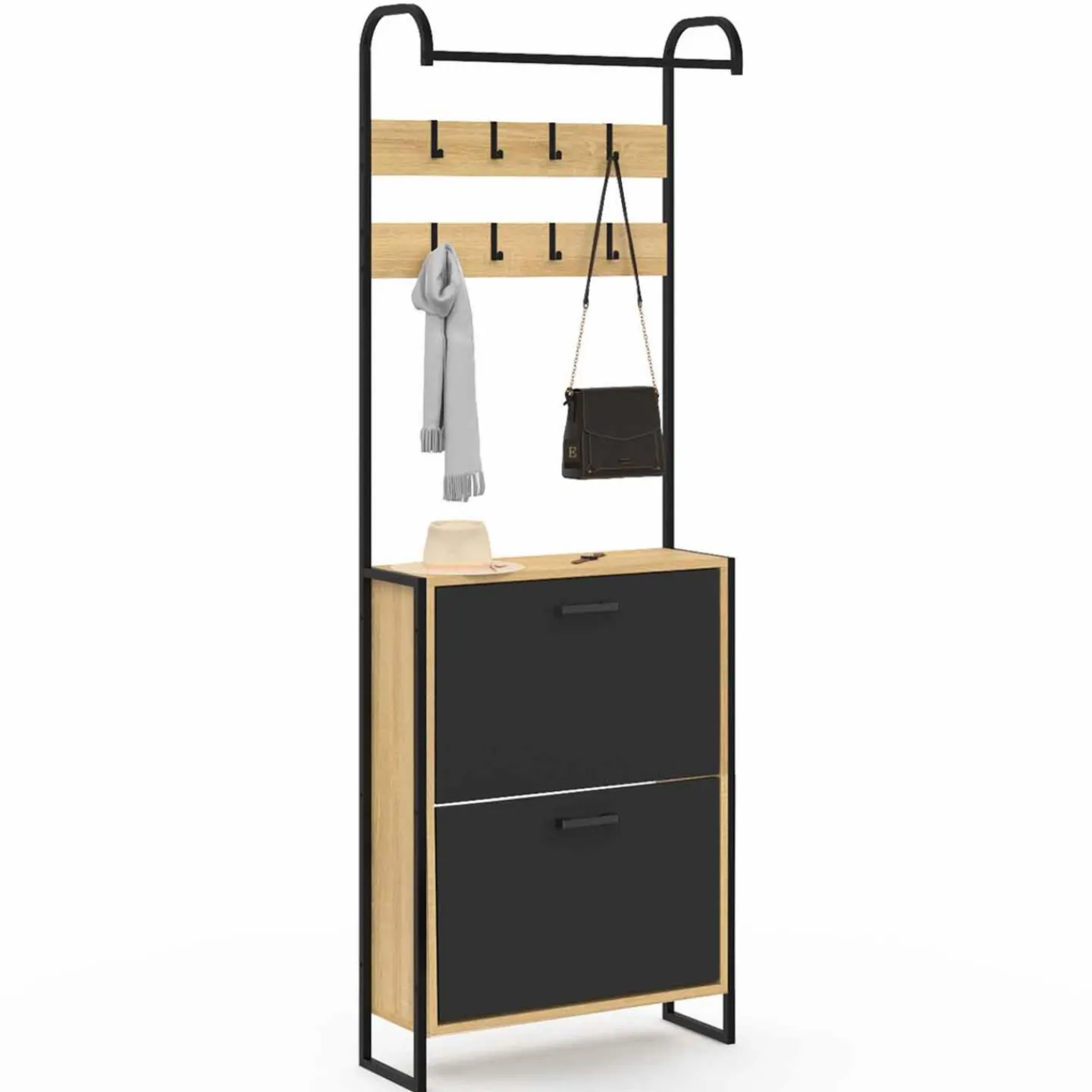 Vestiaire d'entrée meuble chaussures 2 portes bois et noir*IDMarket Online