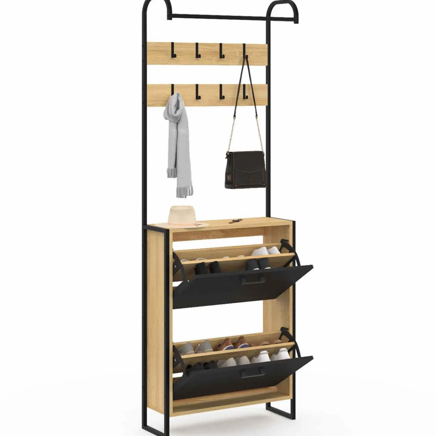 Vestiaire d'entrée meuble chaussures 2 portes bois et noir*IDMarket Online